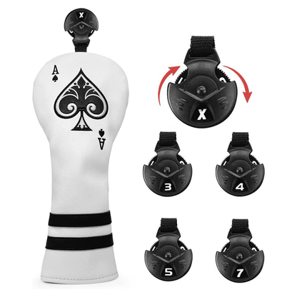 King of Spades fairway wood headcovers with interchangeable No. Tag to mark the different clubs