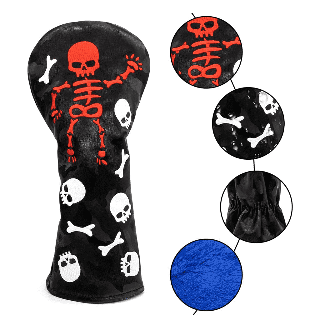 Black Leather Skeleton golf club head covers sets embroidery