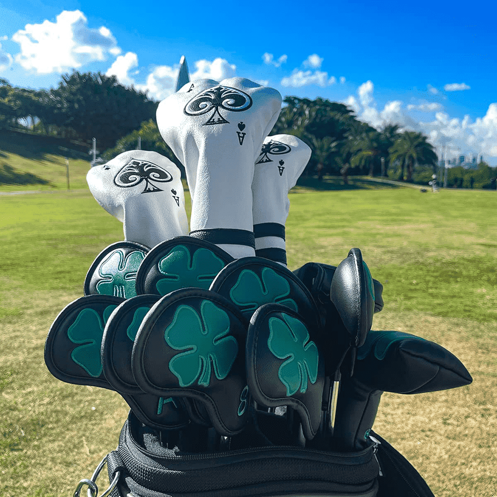 Black Luck of the Irish irons head covers in golf bag