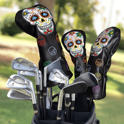 Sugar Skull golf headcovers set in golf bag