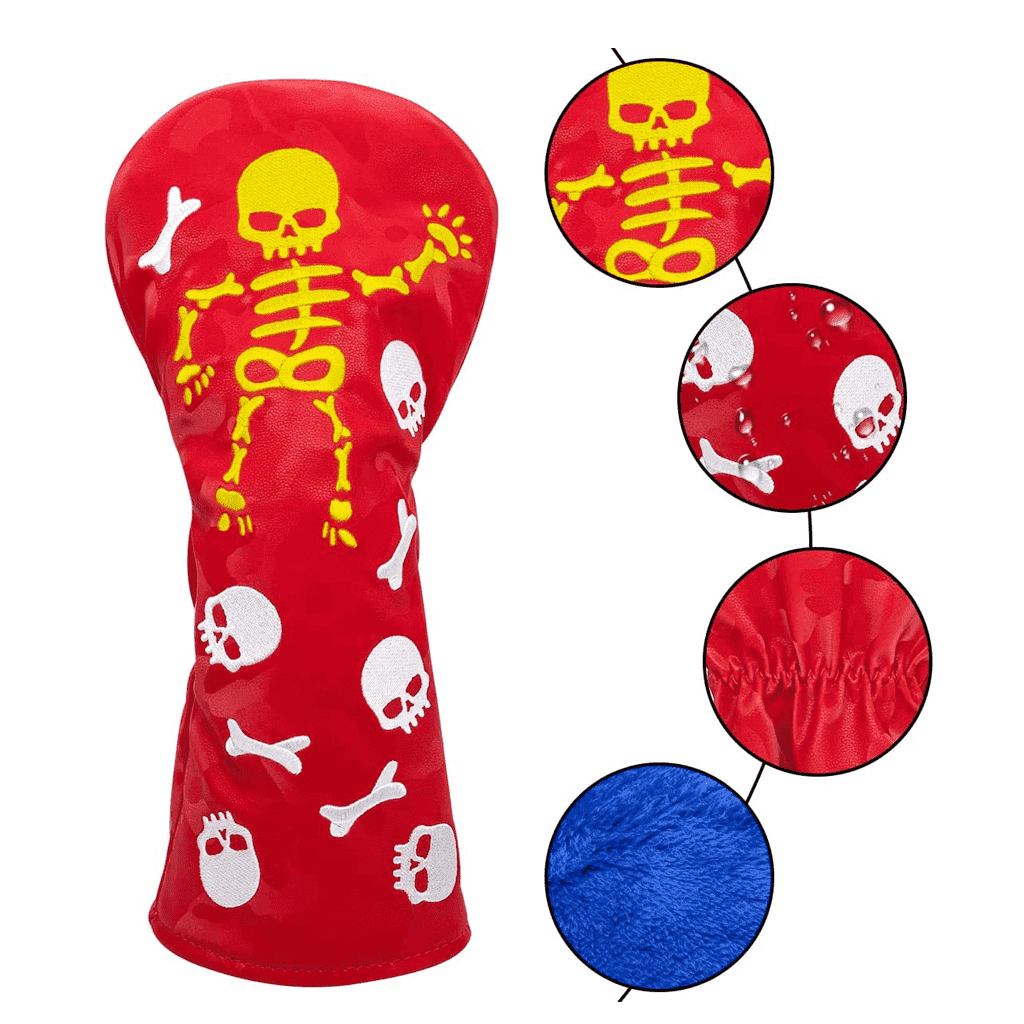 Red Leather Skeleton golf headcovers set embroidery