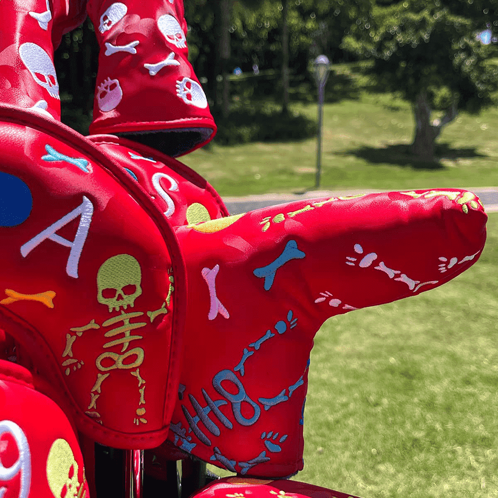 Red Leather Skeleton putter headcovers blade in golf bag