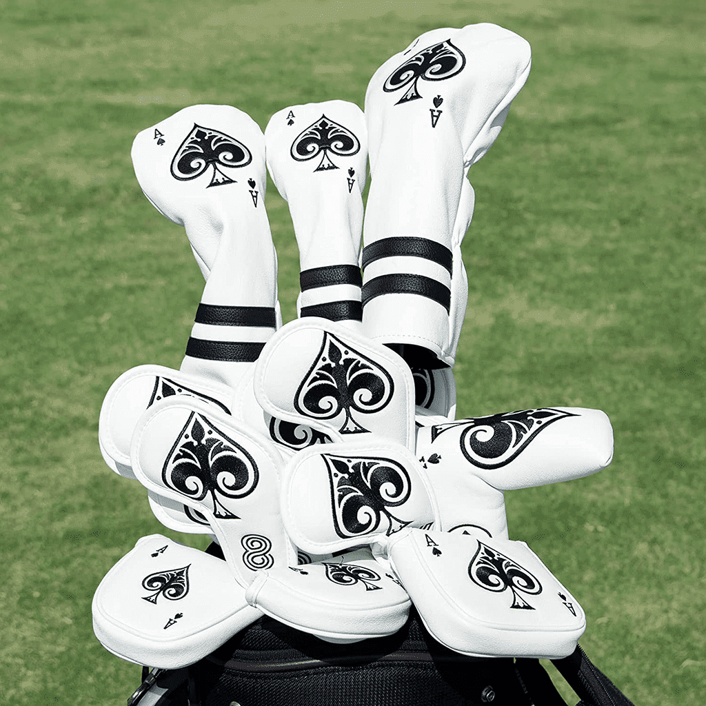 Ace of Spades gofl head covers in bag