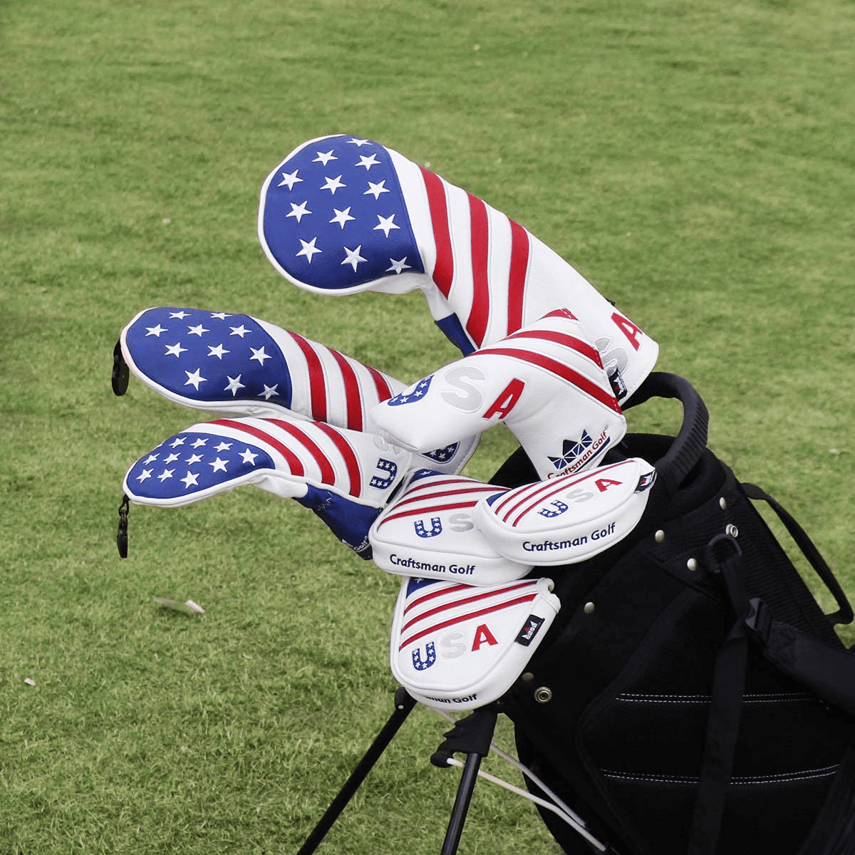 red white and blue golf club headcover sets in golf bag