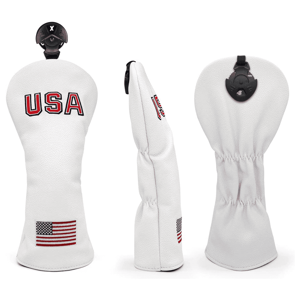 White USA fairway wood head covers with double elastic bands for tight fit