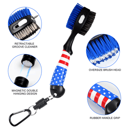 USA stars and strips golf brush attachable to golf bags with clips and spikes.