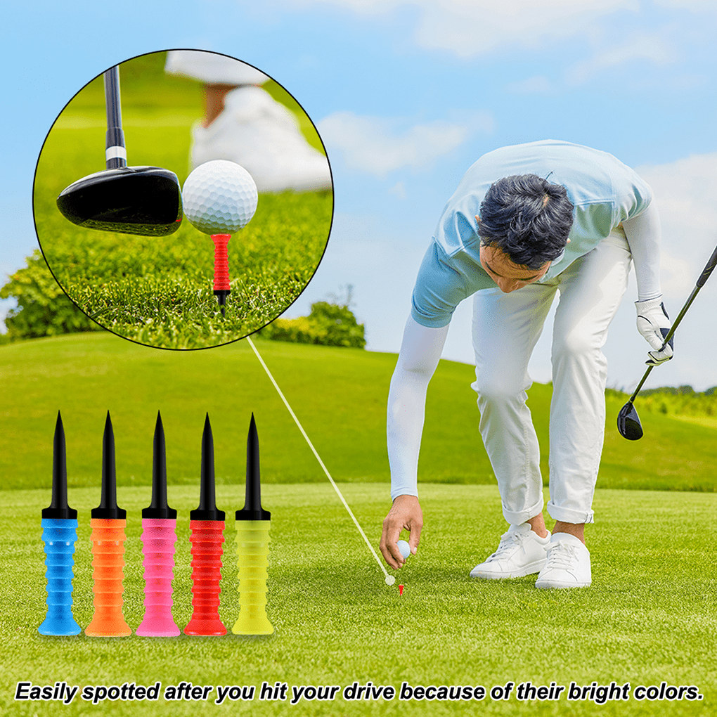 Rubber golf tees are in 5 eye-catching colors (red, yellow, pink, orange, and blue).