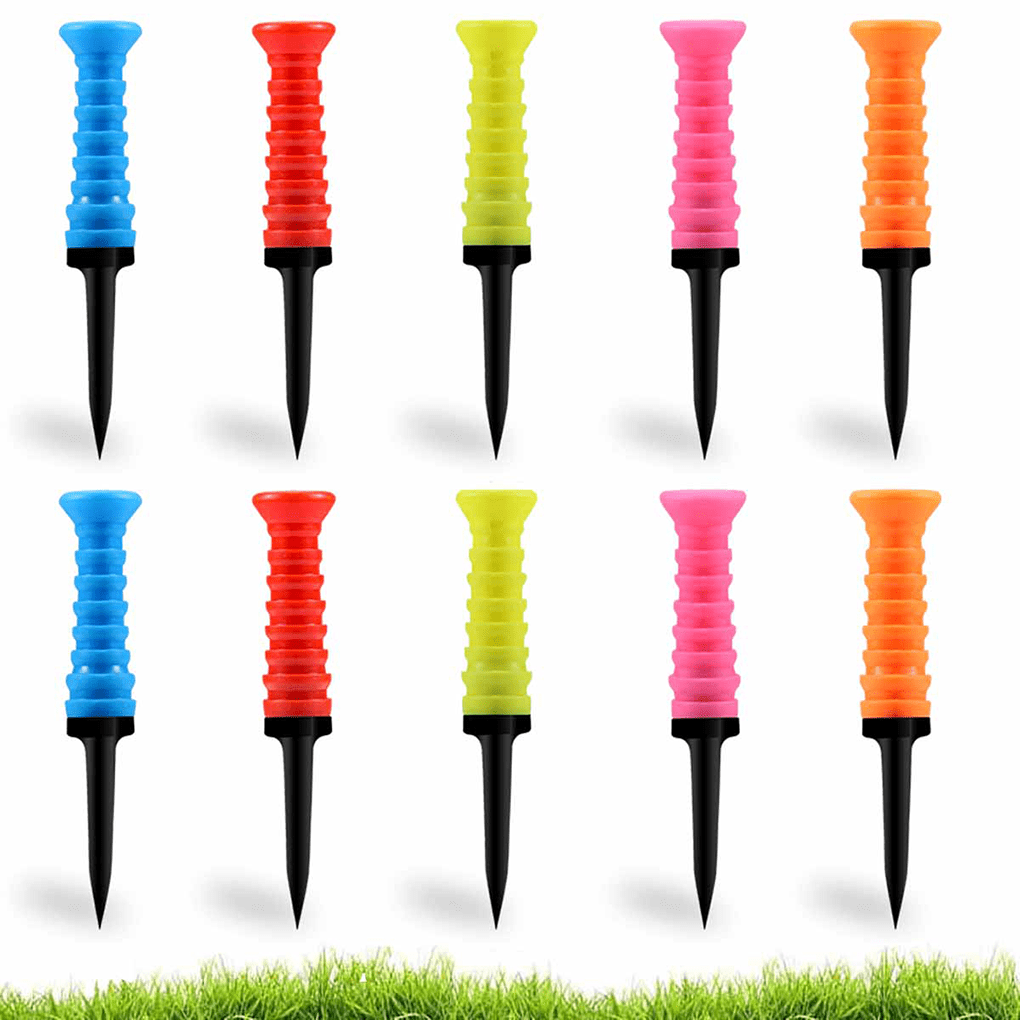 Golf tees are made of flexible colored rubber top and strong black plastic base.